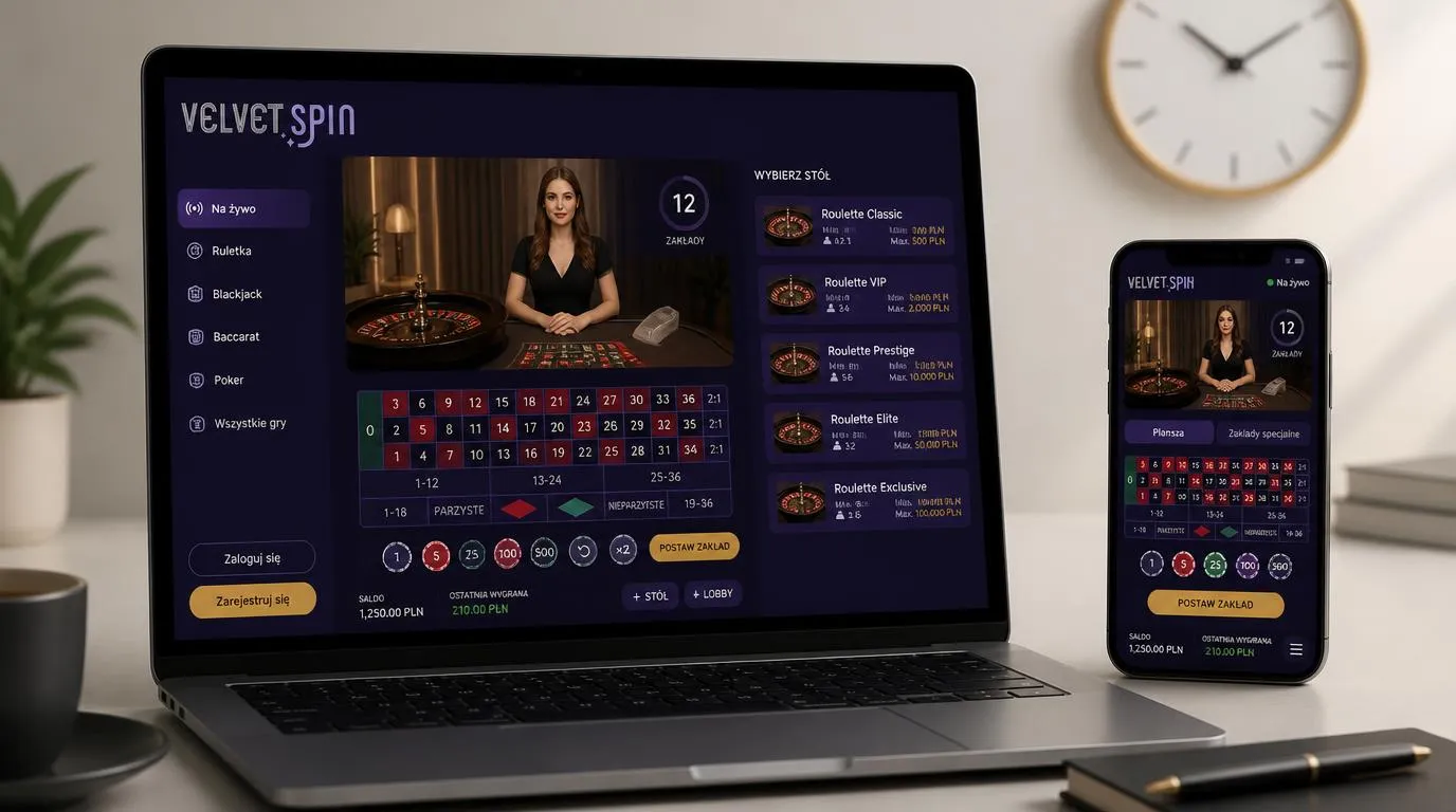 Lobby kasyna live na laptopie i telefonie z widocznymi limitami stawek oraz transmisją krupiera