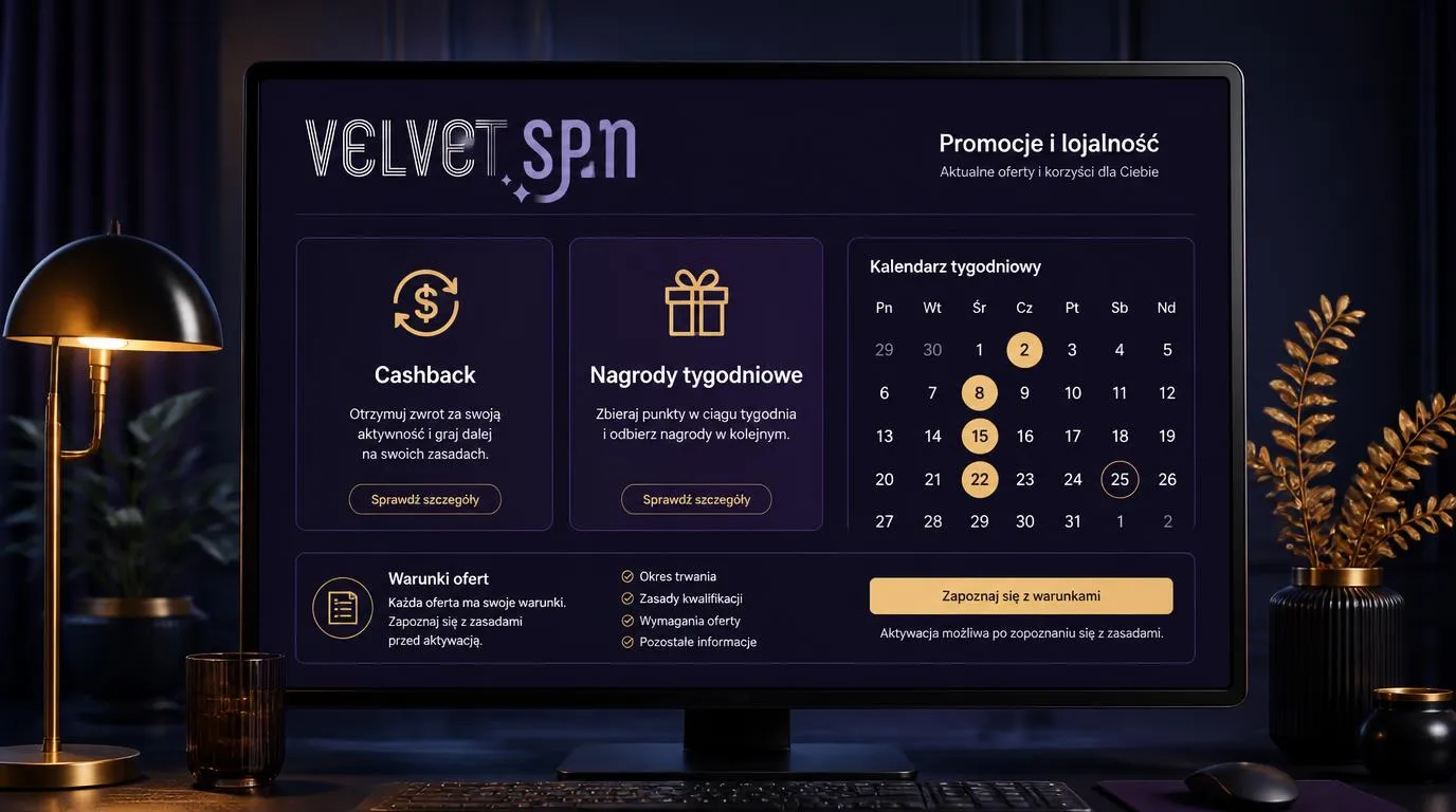 Panel promocji kasyna z kartami cashbacku, nagród tygodniowych i kalendarzem dostępnych ofert