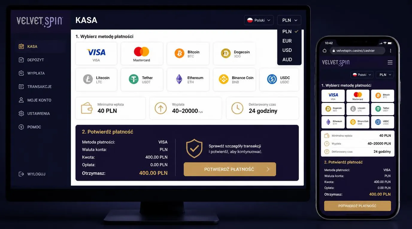 Panel kasy z kartami, kryptowalutami, kontem w PLN oraz progami wpłaty i wypłaty