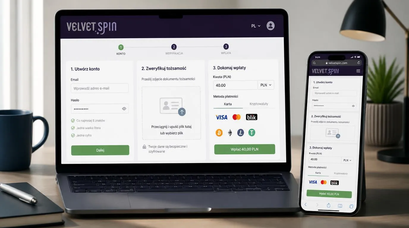 Panel rejestracji, weryfikacji tożsamości i pierwszej wpłaty w PLN na ekranie laptopa